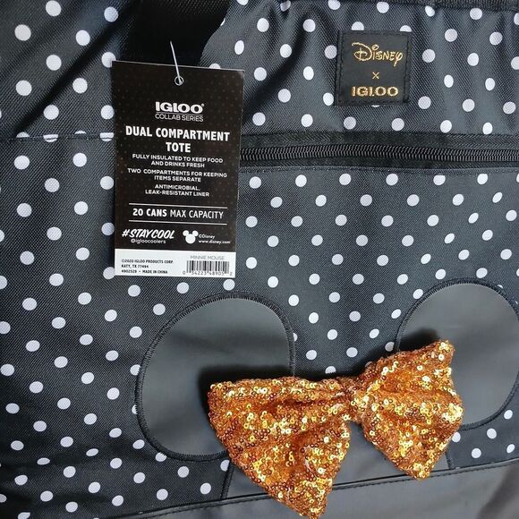 NEW Igloo Minnie Mouse Dual Compartment 20 Can Polka Dot Tote Cooler Bag Gold - Picture 4 of 6